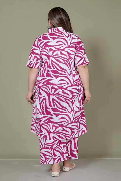 TROPICAL LEAFS PRINT COTTON 2 PEICE KURTA PLAZZO IN MAGENTA PINK BY PLUSSIZEKURTI