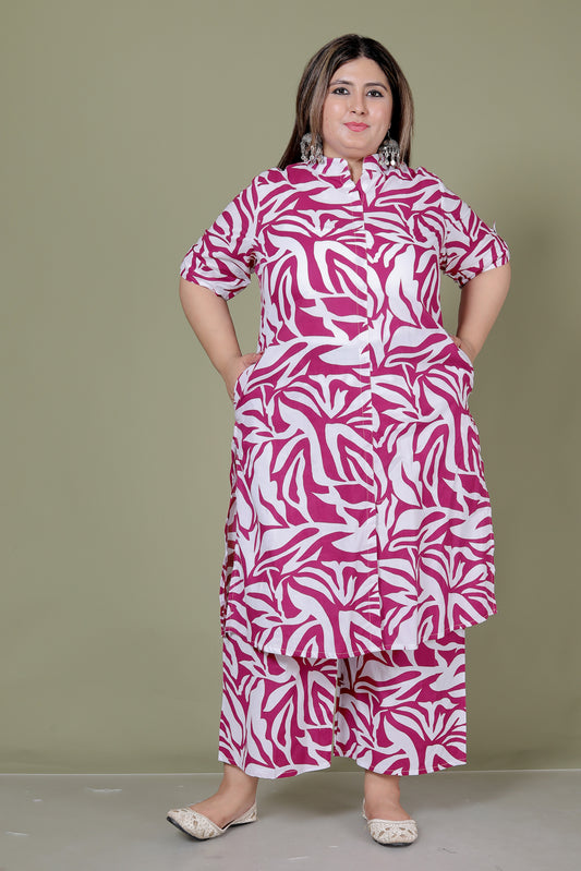 TROPICAL LEAFS PRINT COTTON 2 PEICE KURTA PLAZZO IN MAGENTA PINK BY PLUSSIZEKURTI