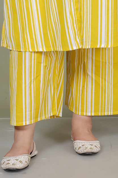 STRIPS PRINT COTTON 2 PEICE KURTA PLAZZO IN YELLOW BY PLUSSIZEKURTI