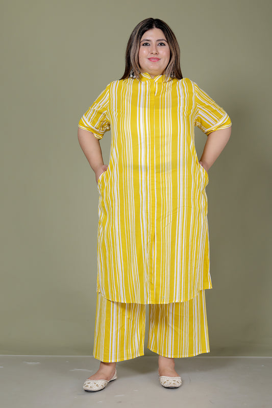 STRIPS PRINT COTTON 2 PEICE KURTA PLAZZO IN YELLOW BY PLUSSIZEKURTI