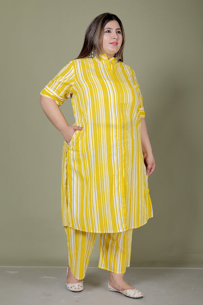 STRIPS PRINT COTTON 2 PEICE KURTA PLAZZO IN YELLOW BY PLUSSIZEKURTI