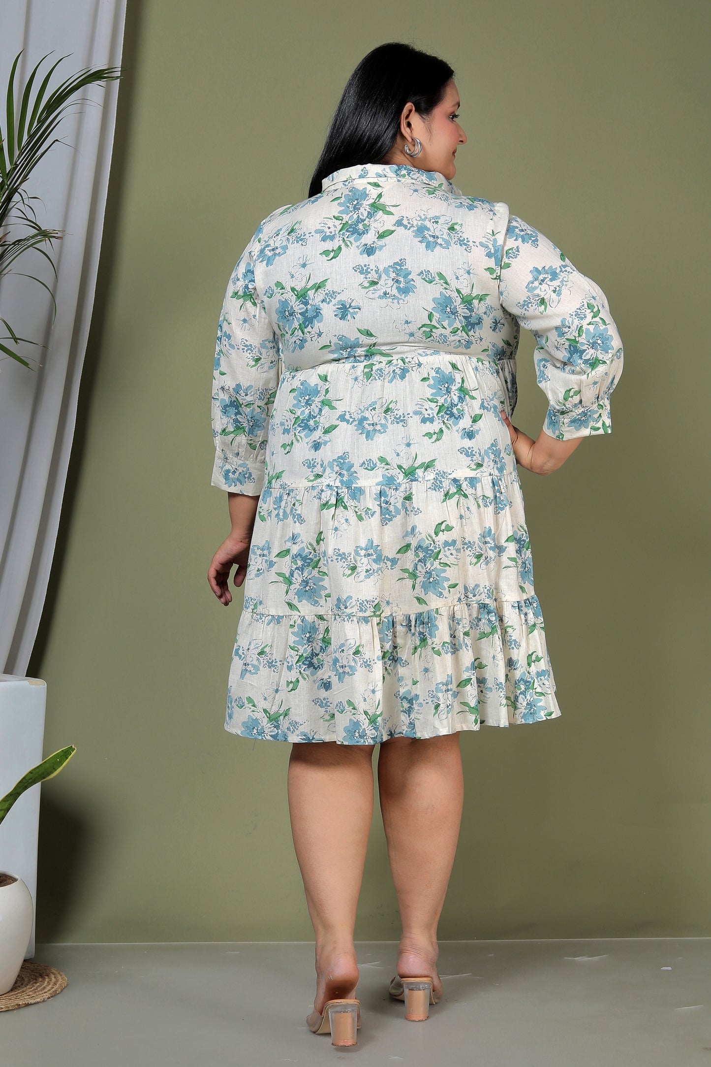 FLORAL PRINT COTTON FLEX DRESS IN AQUABLUE/BEIGE BY PLUSSIZEKURTI