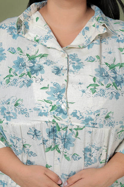 FLORAL PRINT COTTON FLEX DRESS IN AQUABLUE/BEIGE BY PLUSSIZEKURTI