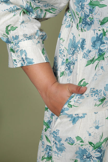 FLORAL PRINT COTTON FLEX DRESS IN AQUABLUE/BEIGE BY PLUSSIZEKURTI