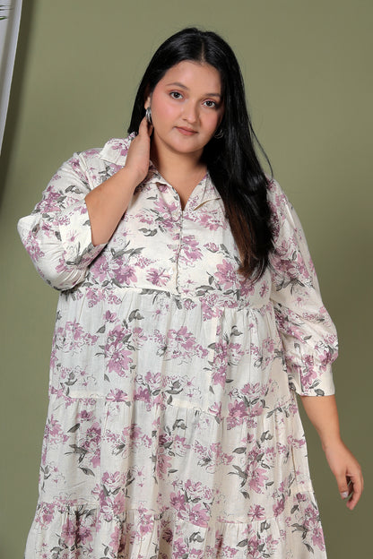 FLORAL PRINT COTTON FLEX DRESS IN LAVENDER/BEIGE BY PLUSSIZEKURTI
