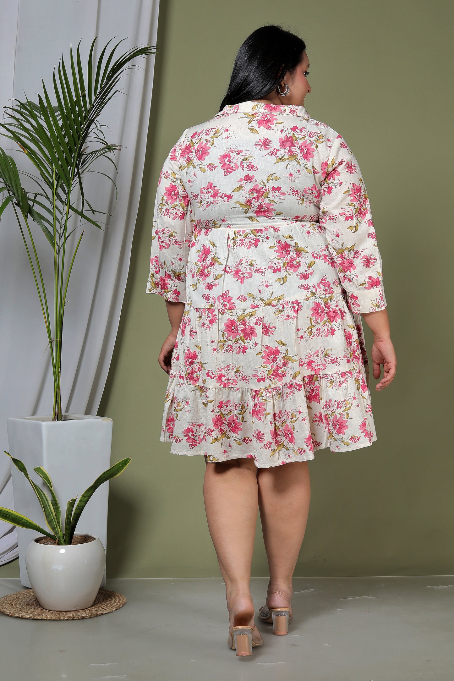 FLORAL PRINT COTTON FLEX DRESS IN PINK/BEIGE BY PLUSSIZEKURTI