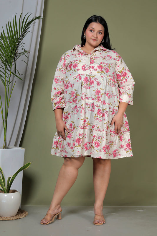 FLORAL PRINT COTTON FLEX DRESS IN PINK/BEIGE BY PLUSSIZEKURTI