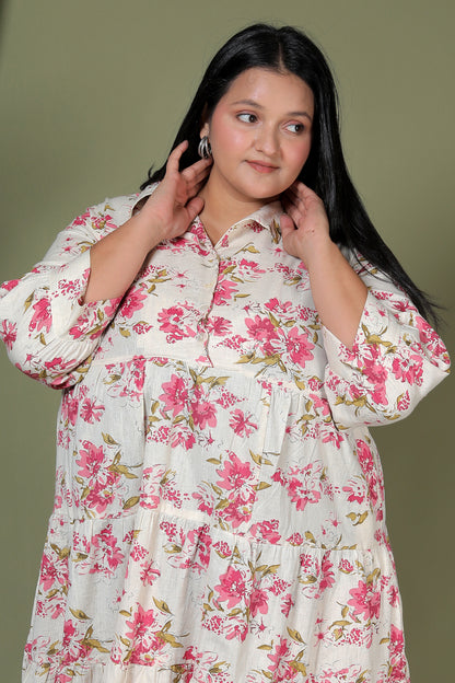 FLORAL PRINT COTTON FLEX DRESS IN PINK/BEIGE BY PLUSSIZEKURTI