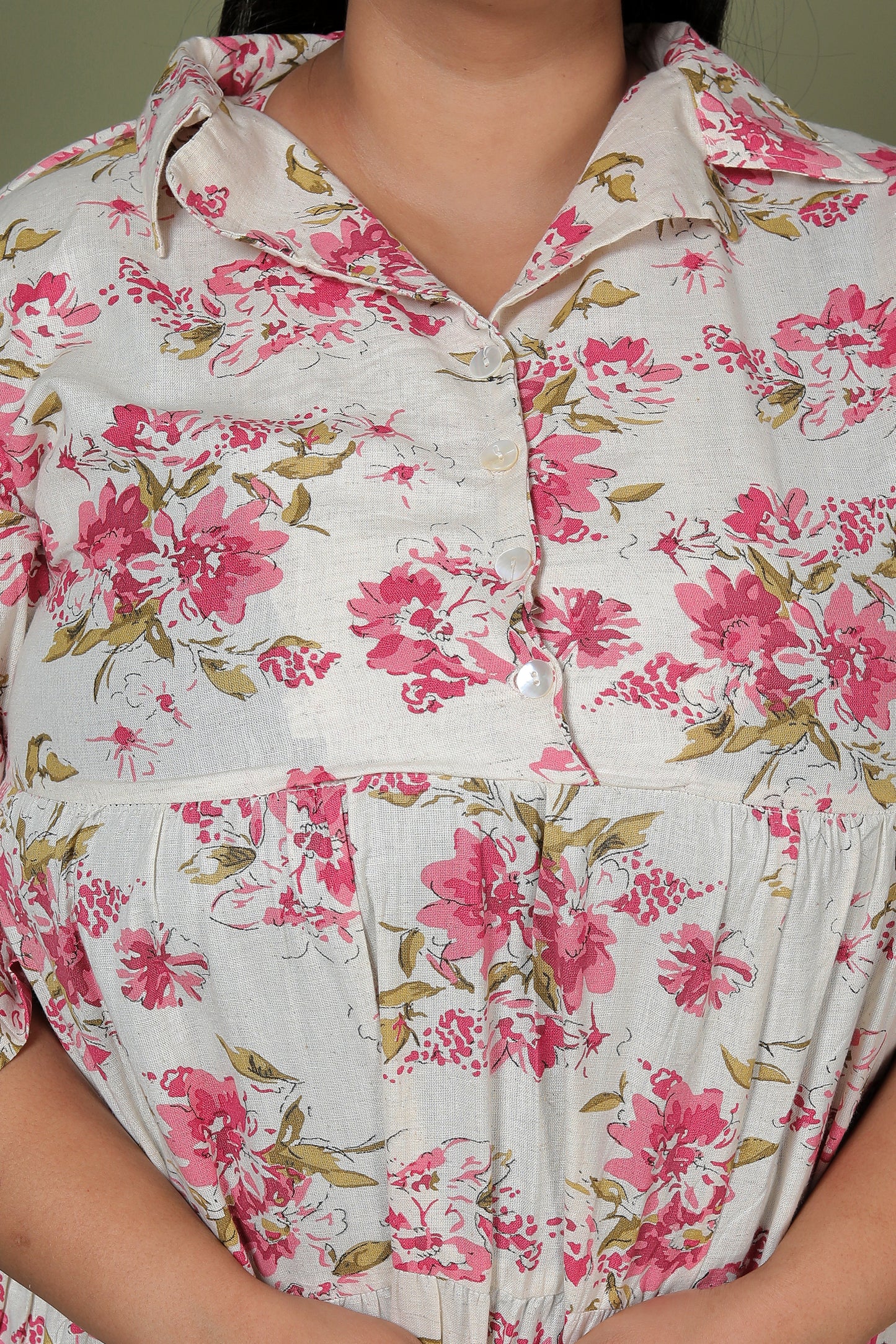 FLORAL PRINT COTTON FLEX DRESS IN PINK/BEIGE BY PLUSSIZEKURTI
