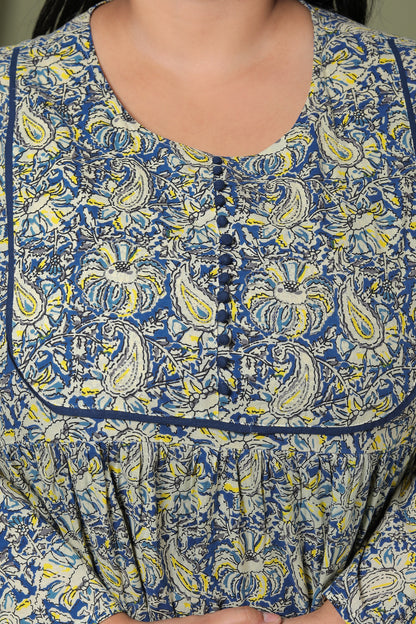 PAISLEY BLOCK PRINT COTTON  DRESS IN BLUE/YELLOW BY PLUSSIZEKURTI