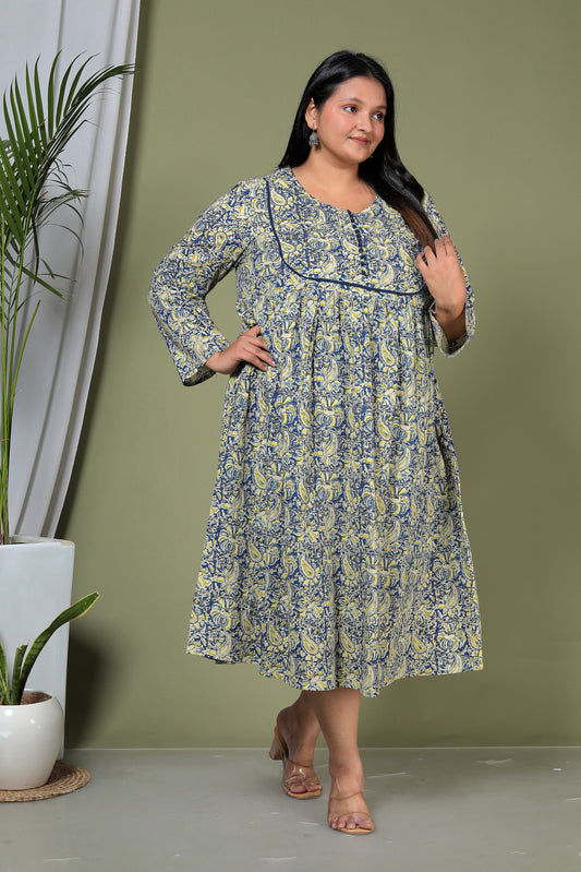 PAISLEY BLOCK PRINT COTTON  DRESS IN BLUE/YELLOW BY PLUSSIZEKURTI