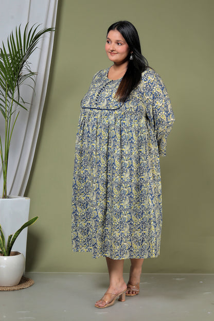 PAISLEY BLOCK PRINT COTTON  DRESS IN BLUE/YELLOW BY PLUSSIZEKURTI