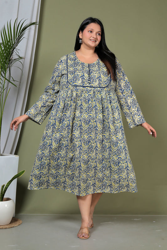 PAISLEY BLOCK PRINT COTTON  DRESS IN BLUE/YELLOW BY PLUSSIZEKURTI