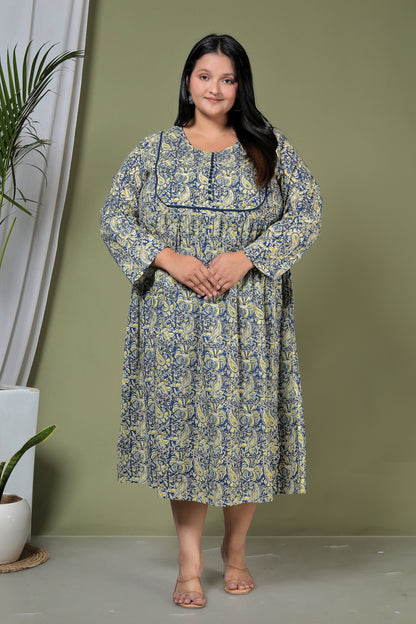 PAISLEY BLOCK PRINT COTTON  DRESS IN BLUE/YELLOW BY PLUSSIZEKURTI