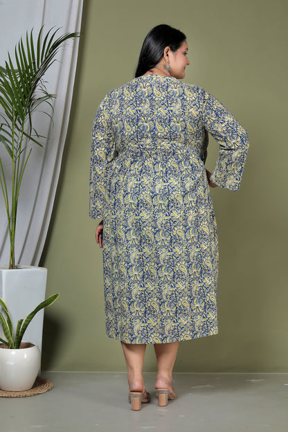 PAISLEY BLOCK PRINT COTTON  DRESS IN BLUE/YELLOW BY PLUSSIZEKURTI