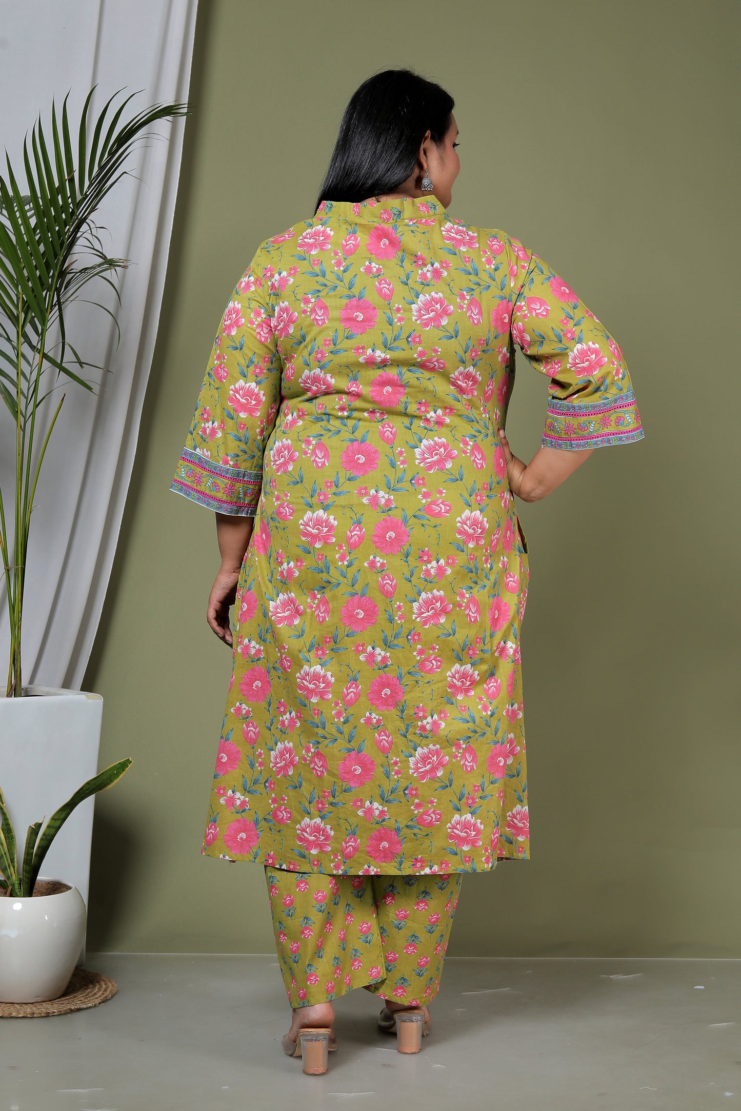 FLORAL PRINT HANDWORK COTTON 3 PEICE KURTA PLAZZO IN FRESH GREEN BY PLUSSIZEKURTI