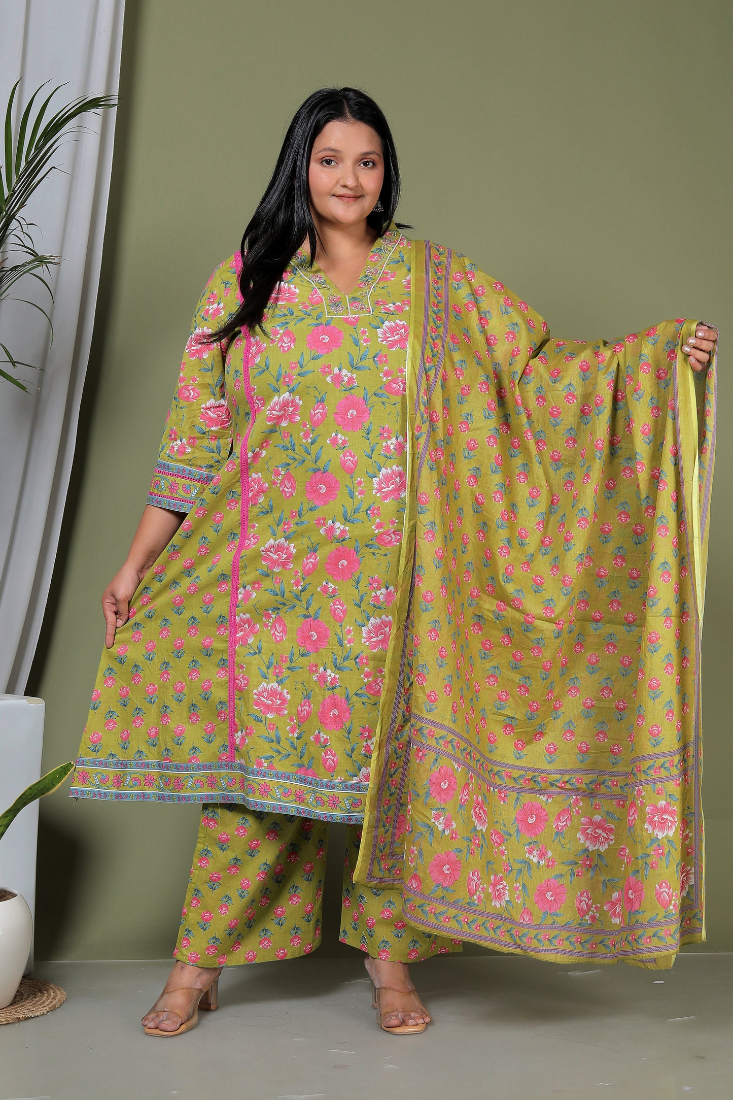 FLORAL PRINT HANDWORK COTTON 3 PEICE KURTA PLAZZO IN FRESH GREEN BY PLUSSIZEKURTI