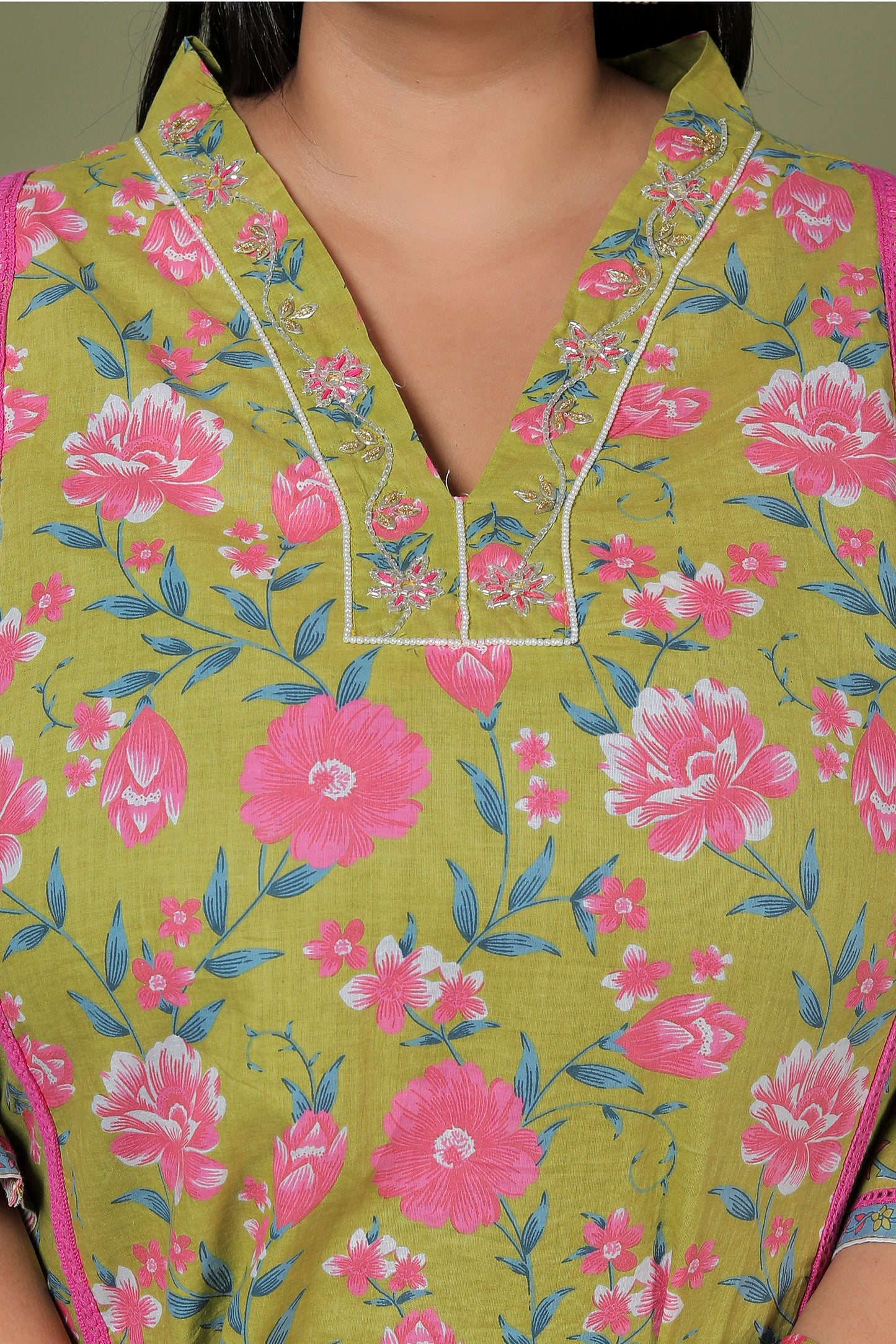 FLORAL PRINT HANDWORK COTTON 3 PEICE KURTA PLAZZO IN FRESH GREEN BY PLUSSIZEKURTI