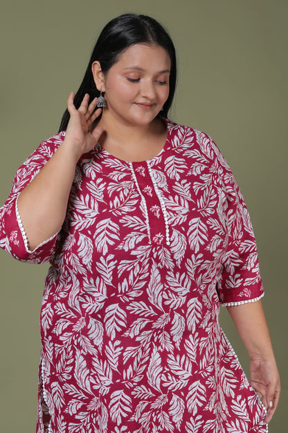 LEAF PRINT HANDWORK COTTON 2 PEICE KURTA PANT IN PINK BY PLUSSIZEKURTI