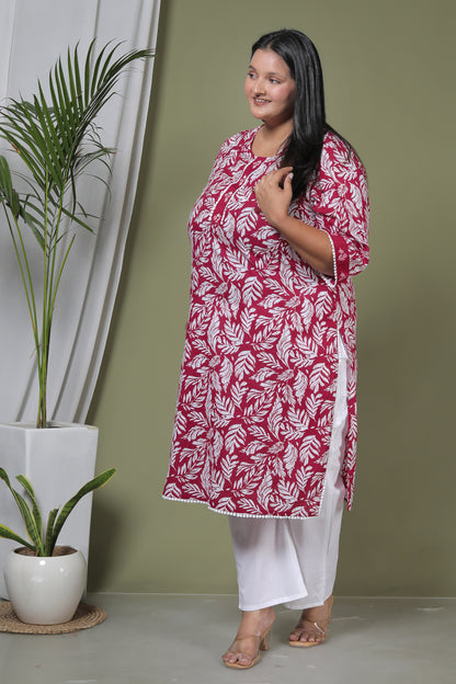 LEAF PRINT HANDWORK COTTON 2 PEICE KURTA PANT IN PINK BY PLUSSIZEKURTI