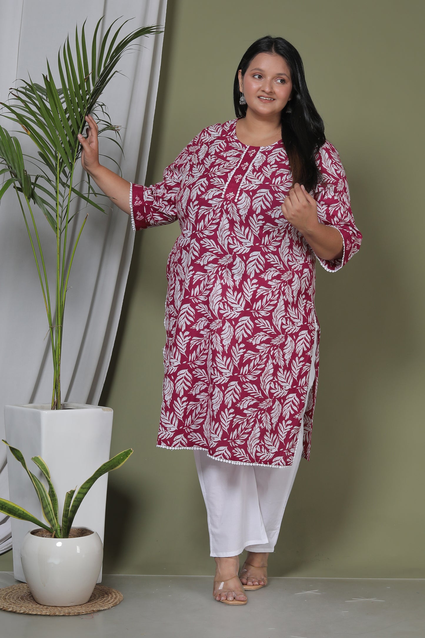 LEAF PRINT HANDWORK COTTON 2 PEICE KURTA PANT IN PINK BY PLUSSIZEKURTI