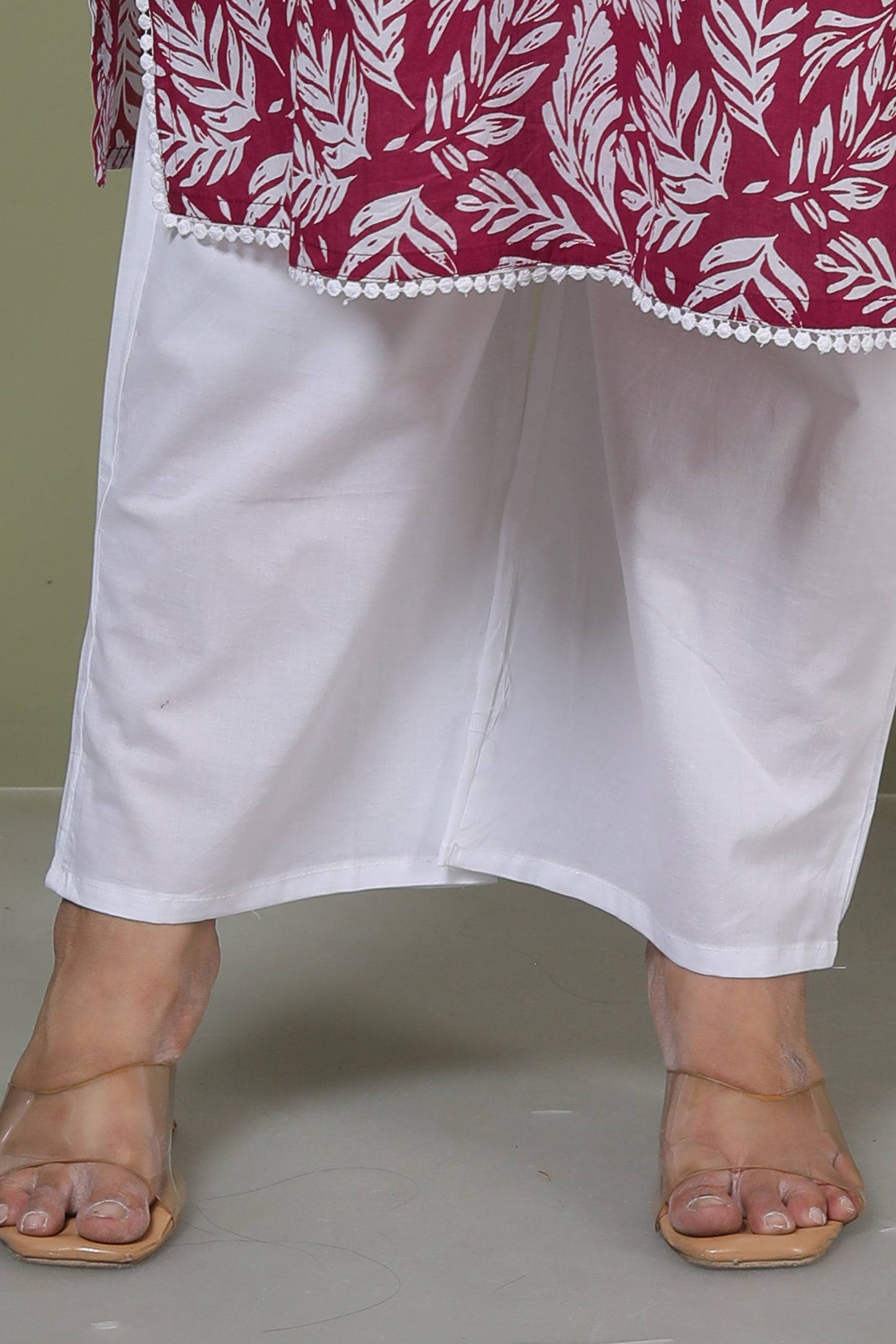 LEAF PRINT HANDWORK COTTON 2 PEICE KURTA PANT IN PINK BY PLUSSIZEKURTI