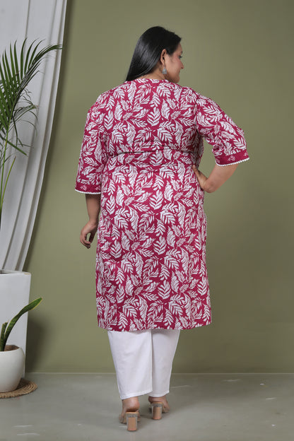 LEAF PRINT HANDWORK COTTON 2 PEICE KURTA PANT IN PINK BY PLUSSIZEKURTI