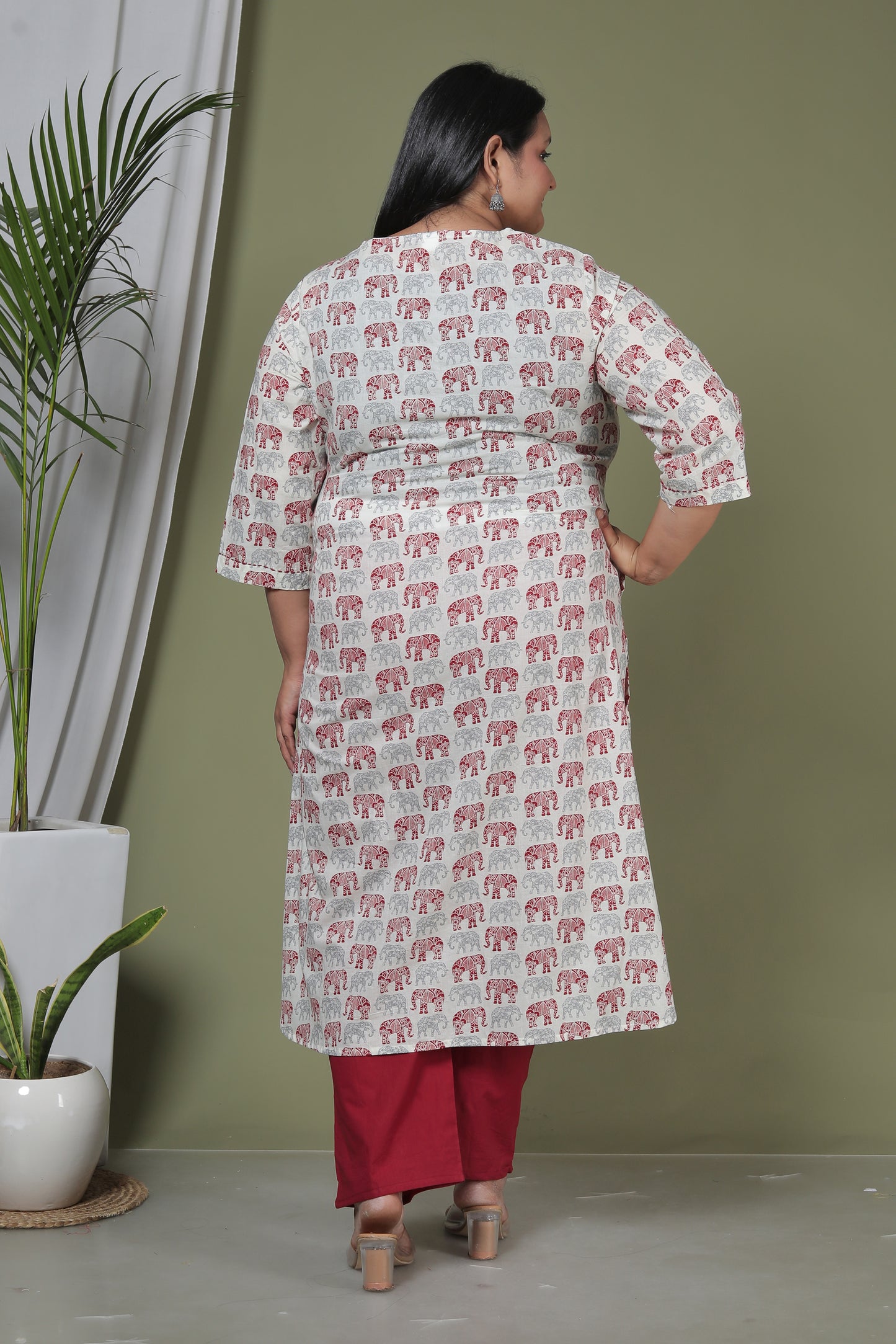 ELEPHANT MOTIF PRINT COTTON 2 PEICE KURTA PANT IN GREY/MAHROON BY PLUSSIZEKURTI