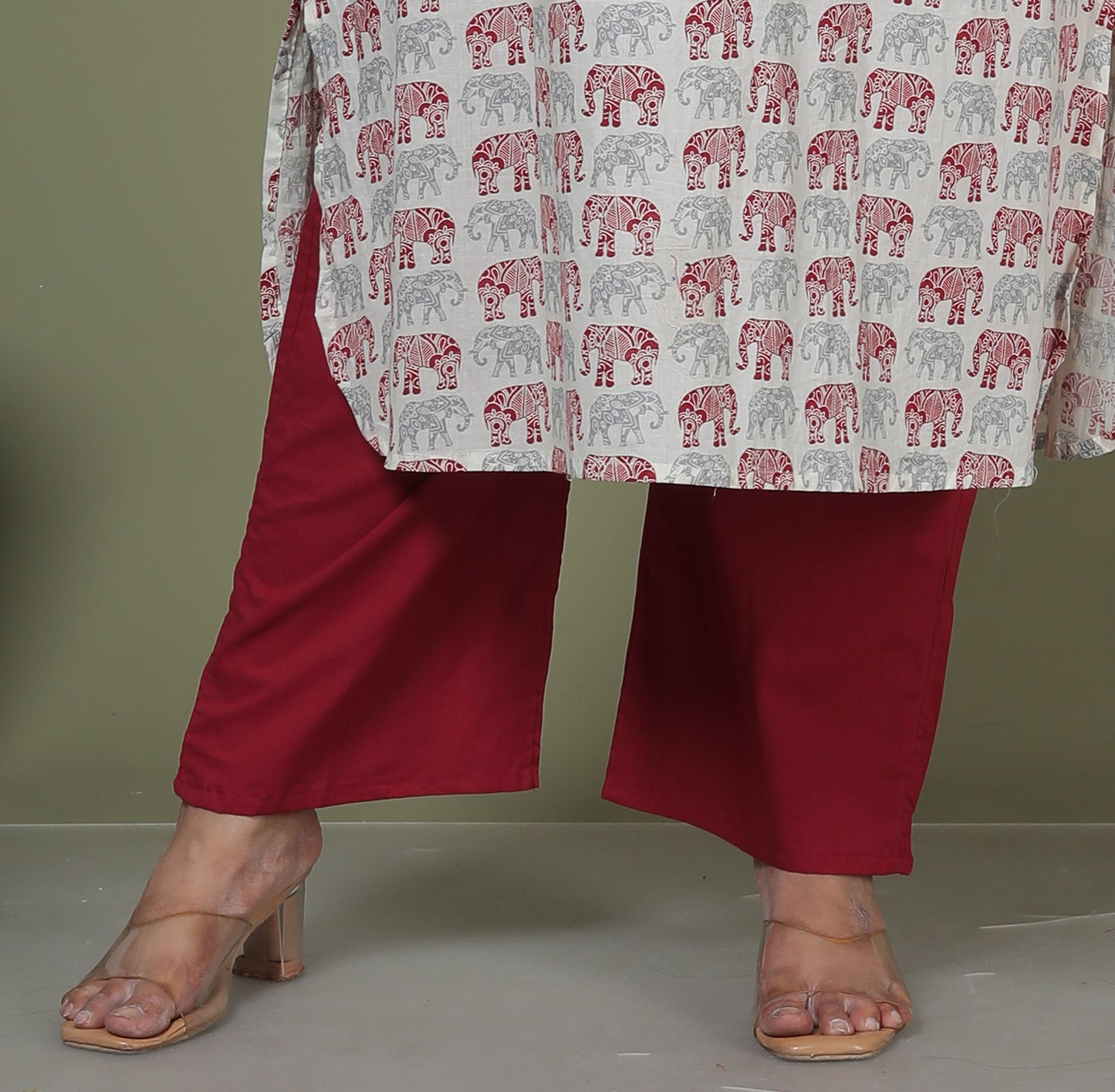 ELEPHANT MOTIF PRINT COTTON 2 PEICE KURTA PANT IN GREY/MAHROON BY PLUSSIZEKURTI