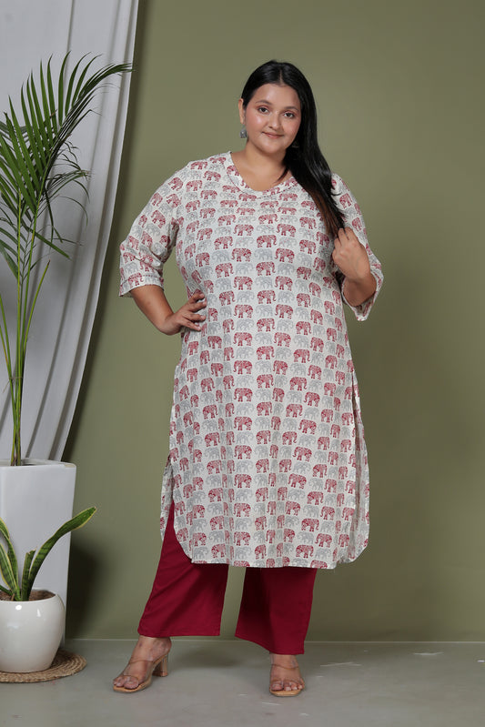 ELEPHANT MOTIF PRINT COTTON 2 PEICE KURTA PANT IN GREY/MAHROON BY PLUSSIZEKURTI