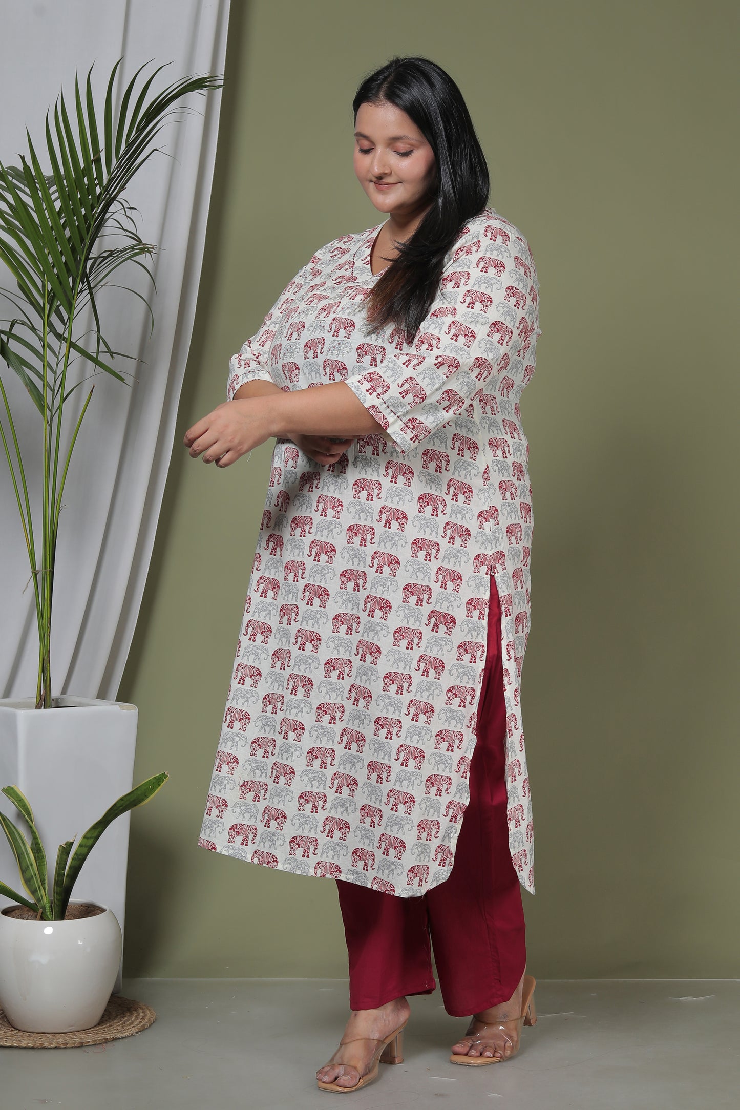 ELEPHANT MOTIF PRINT COTTON 2 PEICE KURTA PANT IN GREY/MAHROON BY PLUSSIZEKURTI