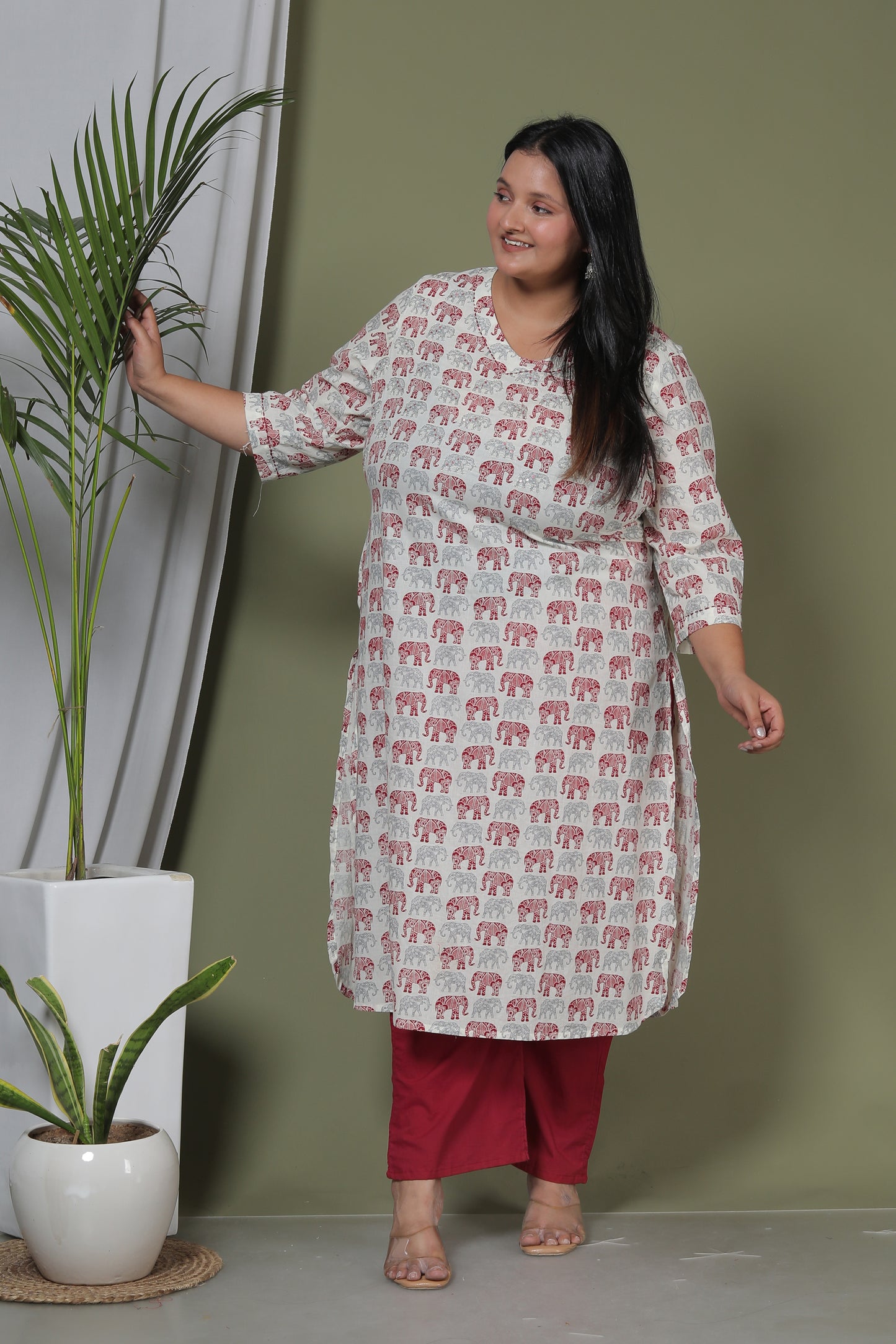 ELEPHANT MOTIF PRINT COTTON 2 PEICE KURTA PANT IN GREY/MAHROON BY PLUSSIZEKURTI