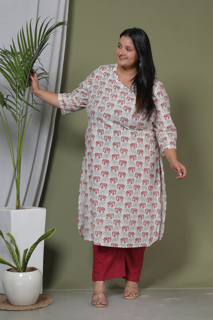 ELEPHANT MOTIF PRINT COTTON 2 PEICE KURTA PANT IN GREY/MAHROON BY PLUSSIZEKURTI