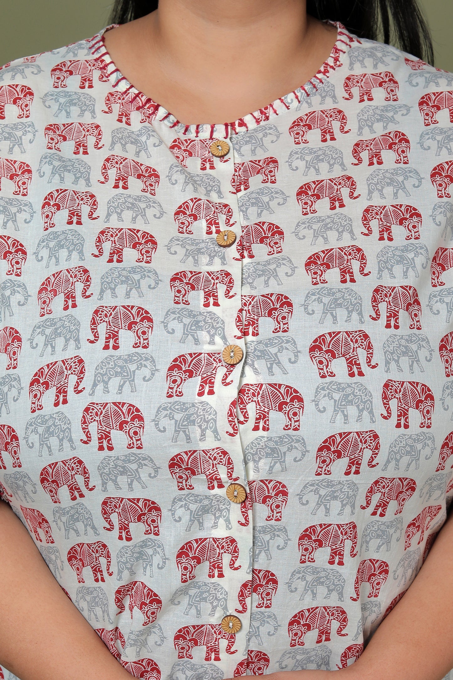 ELEPHANT MOTIF PRINT COTTON SHIRT TOP IN IVORY COLOUR BY PLUSSIZEKURTI