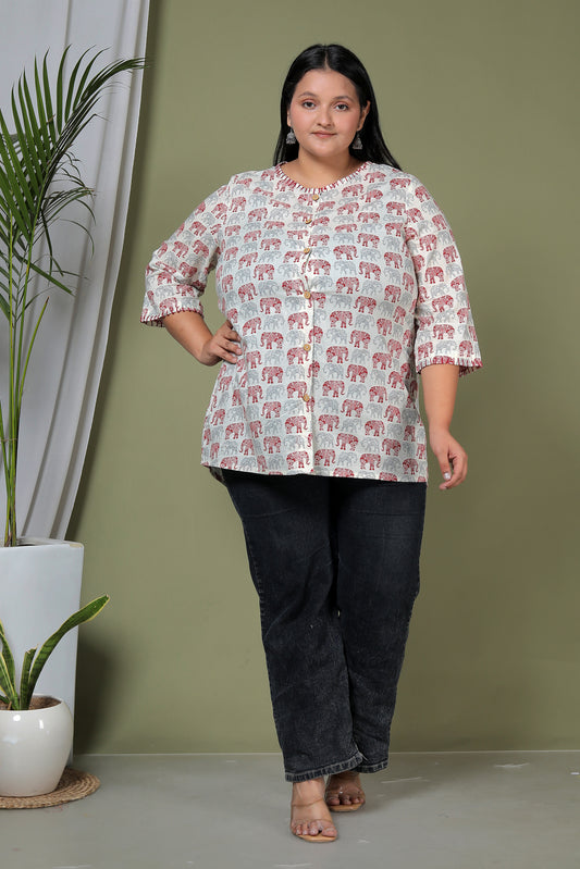 ELEPHANT MOTIF PRINT COTTON SHIRT TOP IN IVORY COLOUR BY PLUSSIZEKURTI