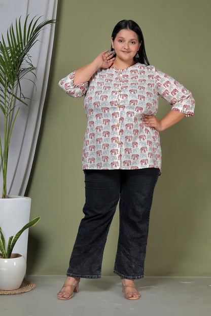 ELEPHANT MOTIF PRINT COTTON SHIRT TOP IN IVORY COLOUR BY PLUSSIZEKURTI