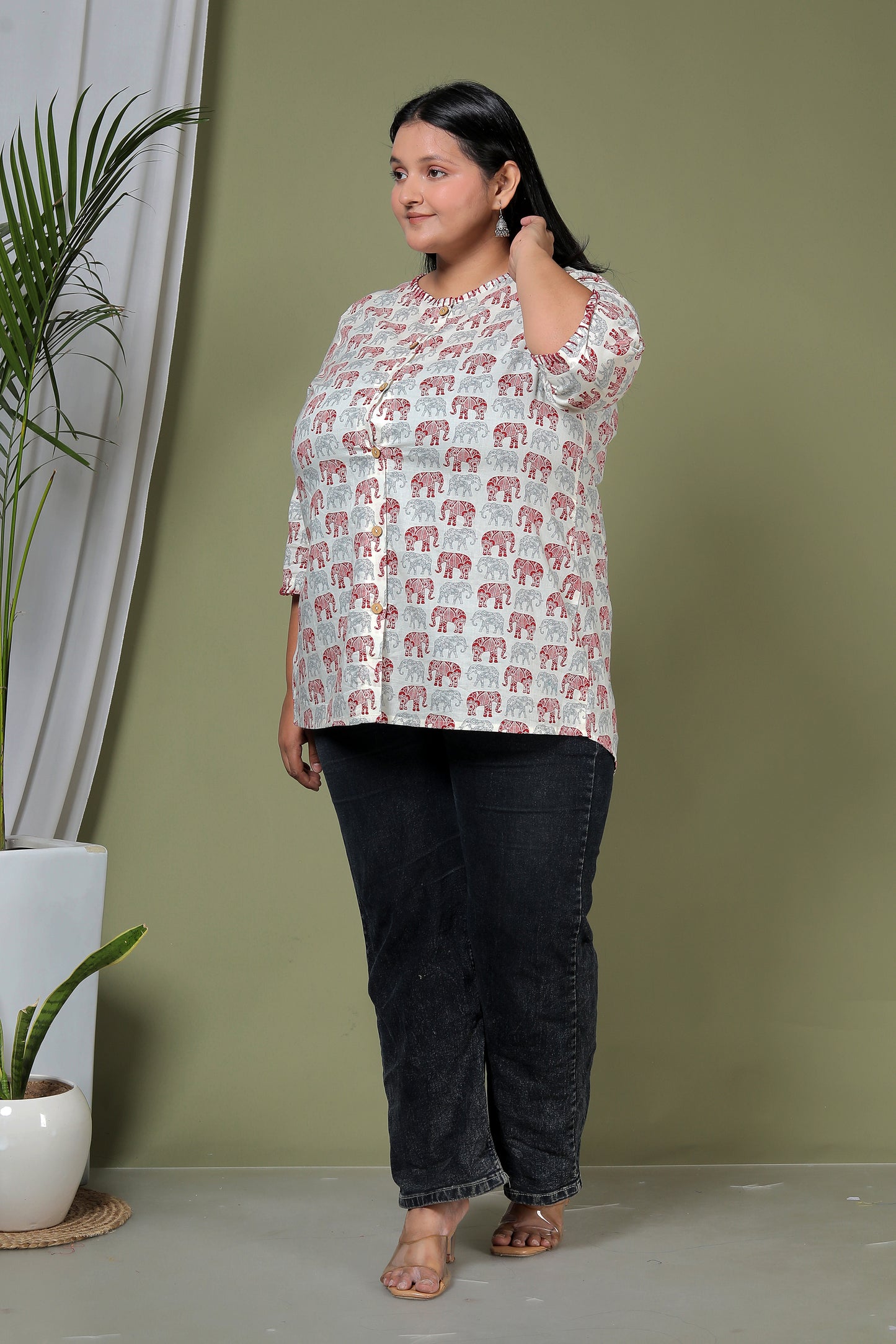 ELEPHANT MOTIF PRINT COTTON SHIRT TOP IN IVORY COLOUR BY PLUSSIZEKURTI