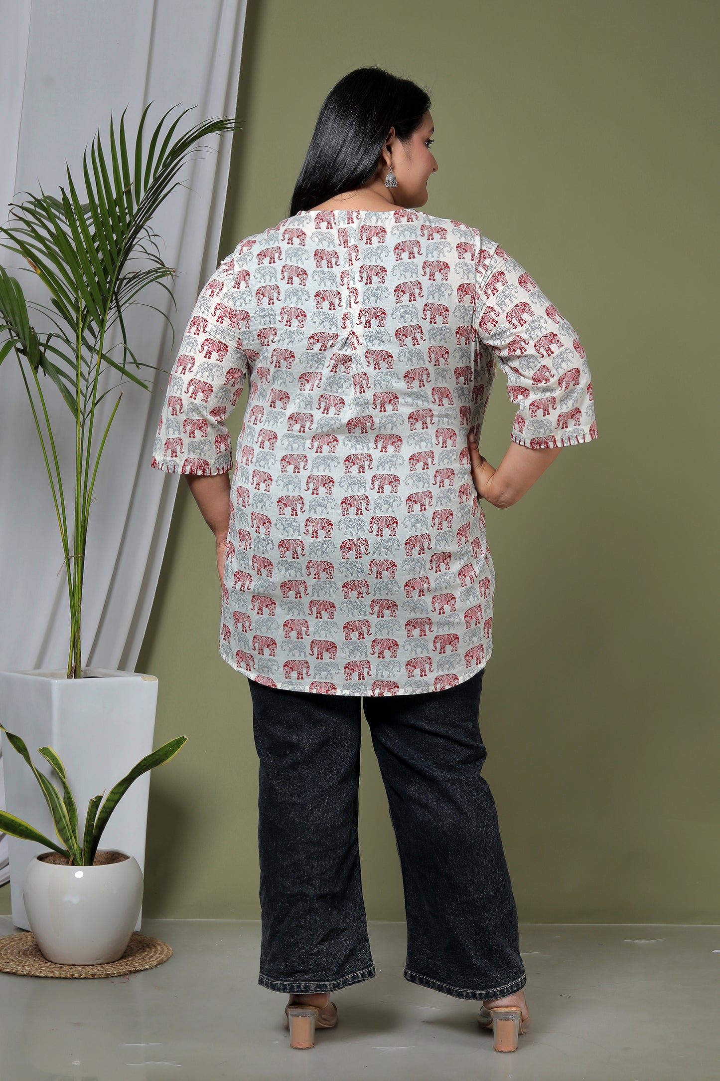 ELEPHANT MOTIF PRINT COTTON SHIRT TOP IN IVORY COLOUR BY PLUSSIZEKURTI