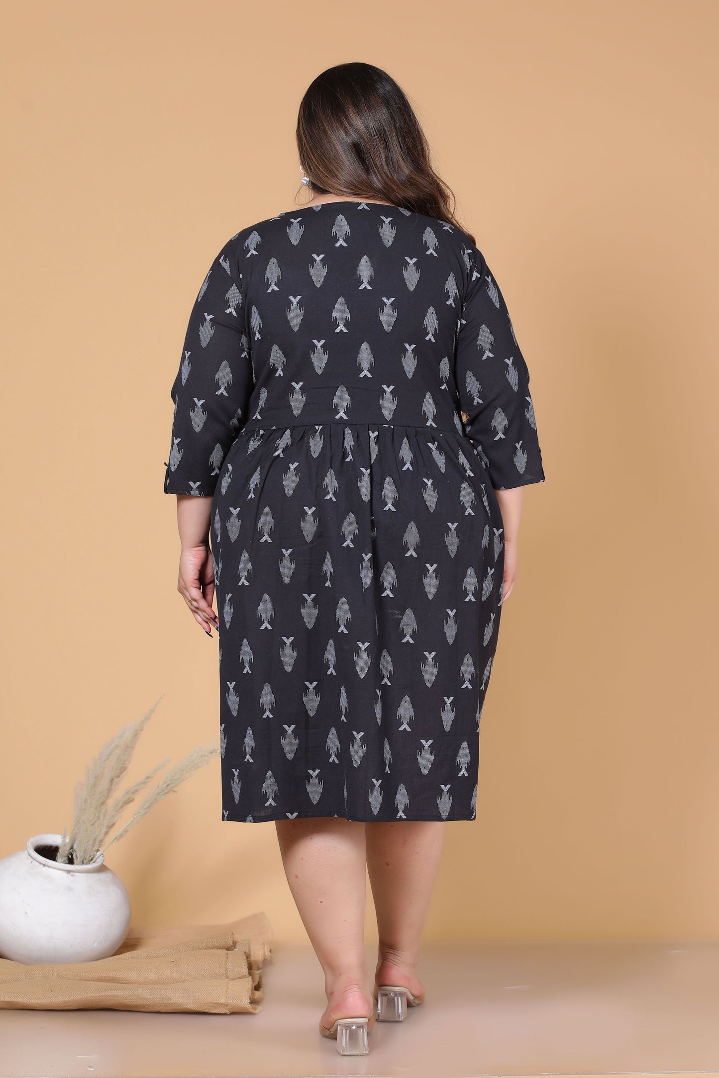 AQUA PRINT COTTON ALINE DRESS IN BLACK BY PLUSSIZEKURTI