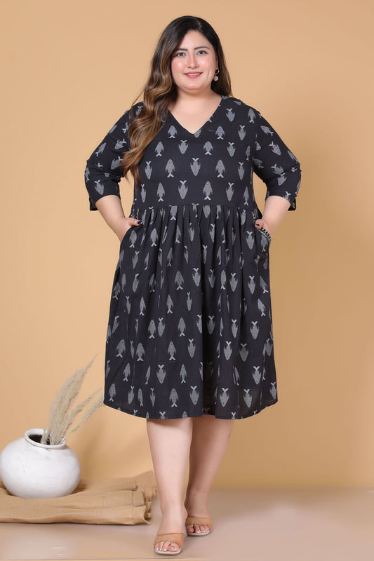 AQUA PRINT COTTON ALINE DRESS IN BLACK BY PLUSSIZEKURTI