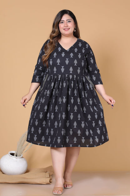 AQUA PRINT COTTON ALINE DRESS IN BLACK BY PLUSSIZEKURTI