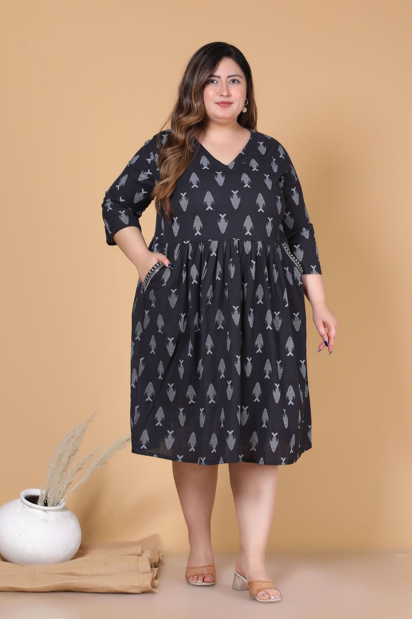 AQUA PRINT COTTON ALINE DRESS IN BLACK BY PLUSSIZEKURTI
