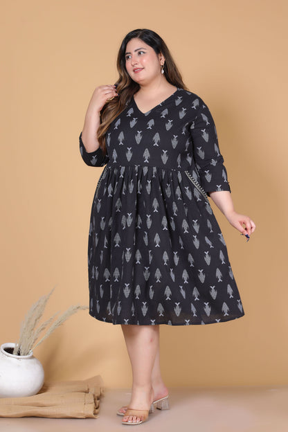 AQUA PRINT COTTON ALINE DRESS IN BLACK BY PLUSSIZEKURTI
