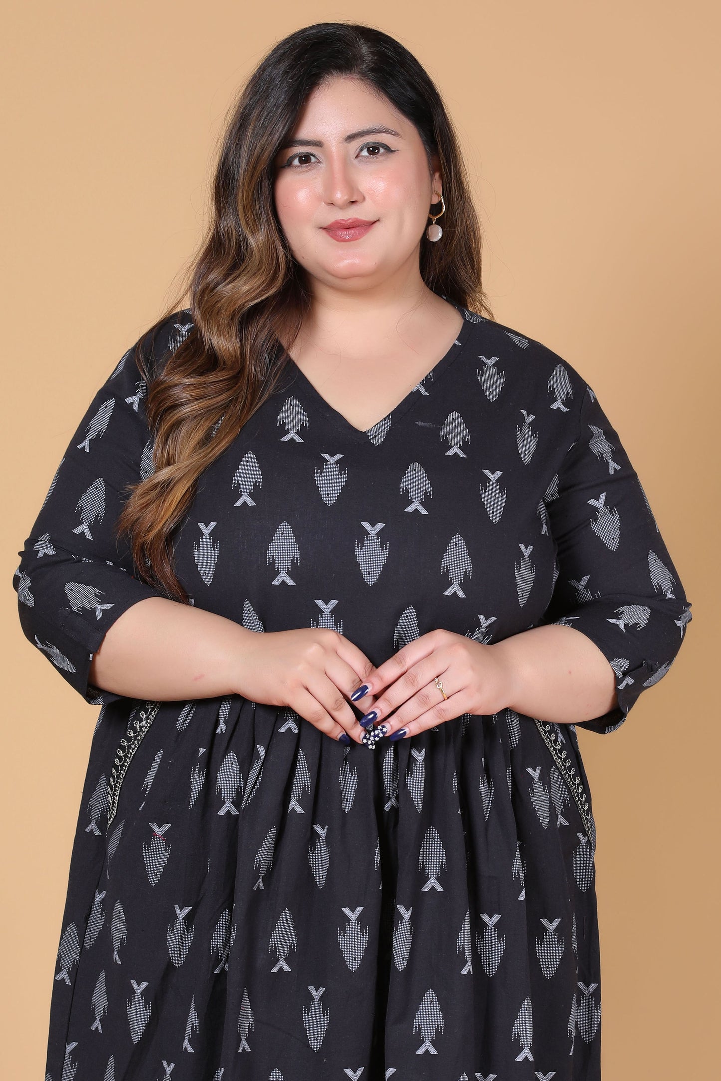 AQUA PRINT COTTON ALINE DRESS IN BLACK BY PLUSSIZEKURTI