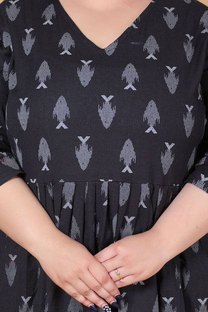 AQUA PRINT COTTON ALINE DRESS IN BLACK BY PLUSSIZEKURTI