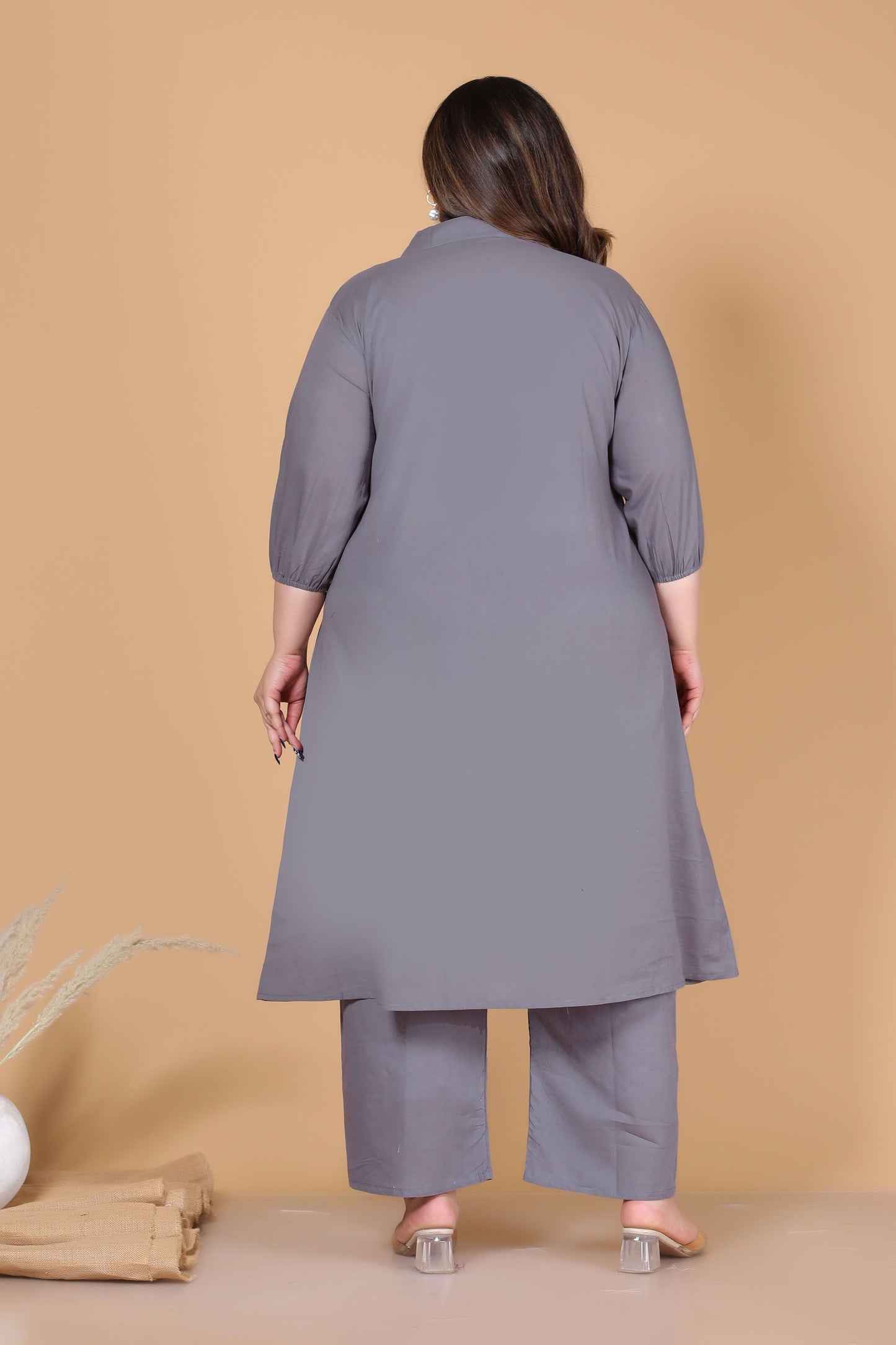 SOLID ALINE EMBROIDERY COTTON 2 PEICE KURTA PANT IN GREY BY PLUSSIZEKURTI