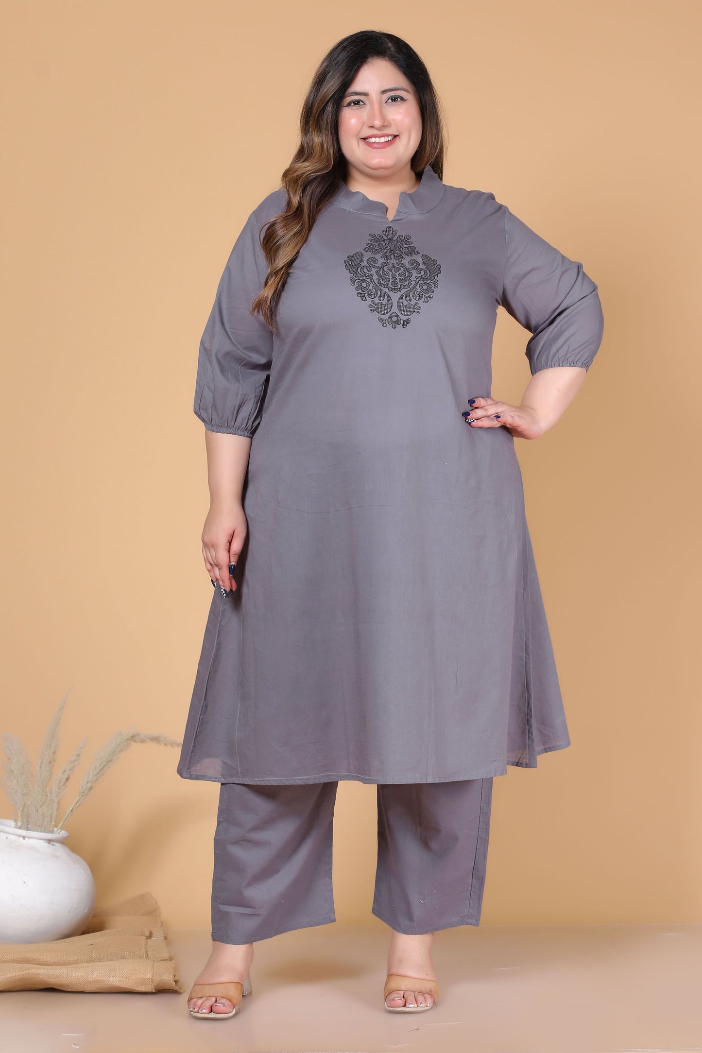 SOLID ALINE EMBROIDERY COTTON 2 PEICE KURTA PANT IN GREY BY PLUSSIZEKURTI