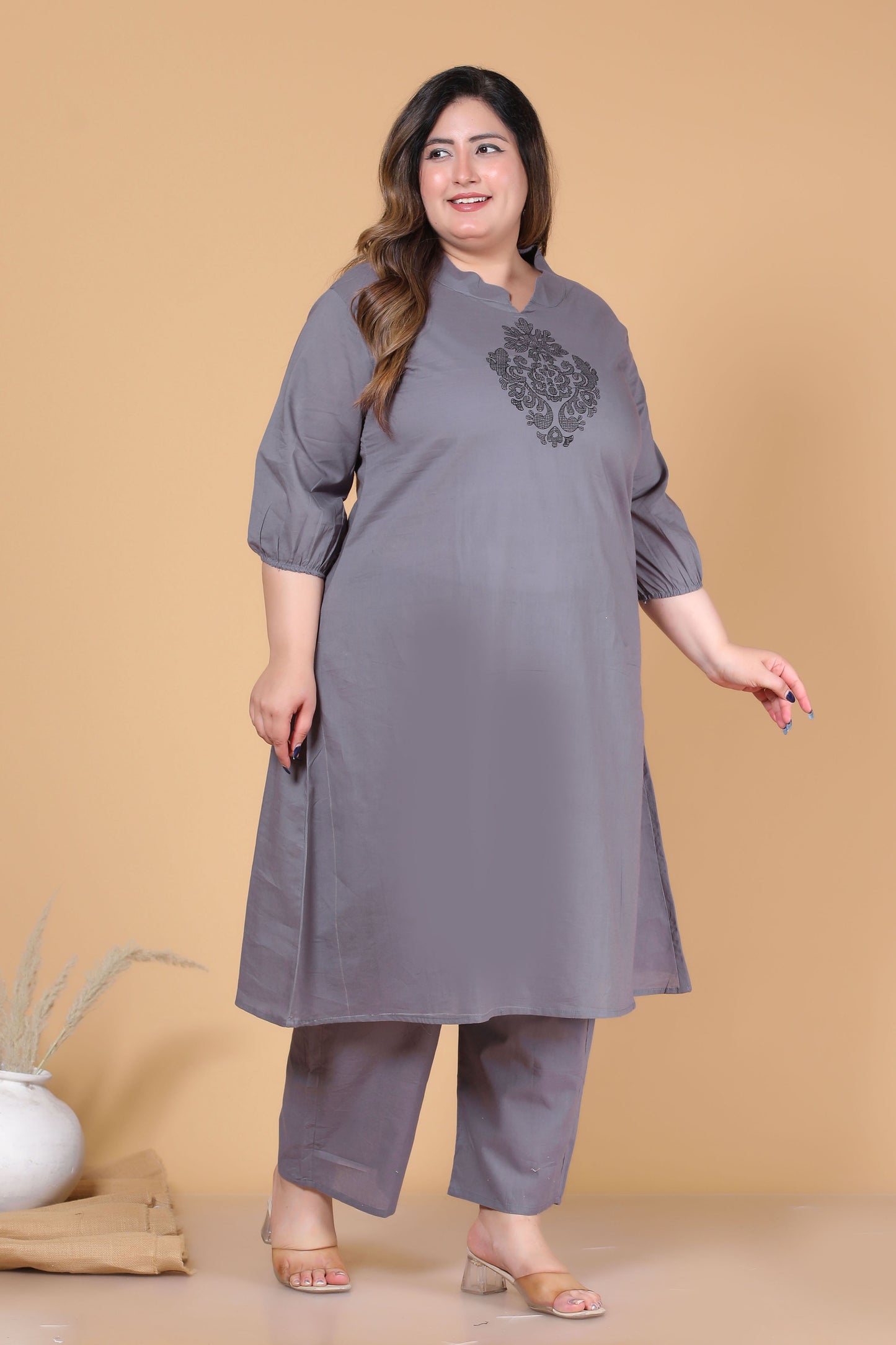SOLID ALINE EMBROIDERY COTTON 2 PEICE KURTA PANT IN GREY BY PLUSSIZEKURTI