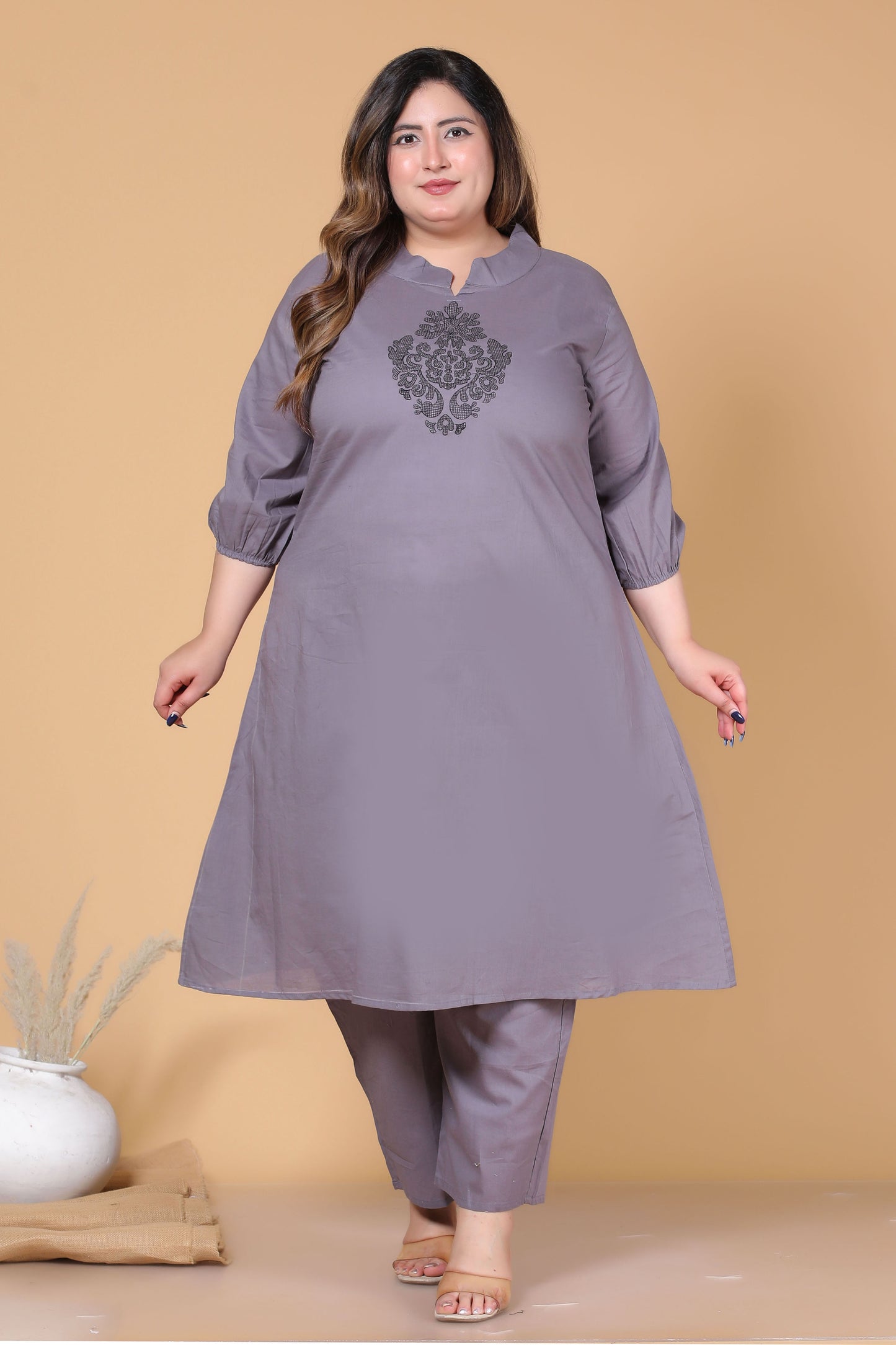 SOLID ALINE EMBROIDERY COTTON 2 PEICE KURTA PANT IN GREY BY PLUSSIZEKURTI