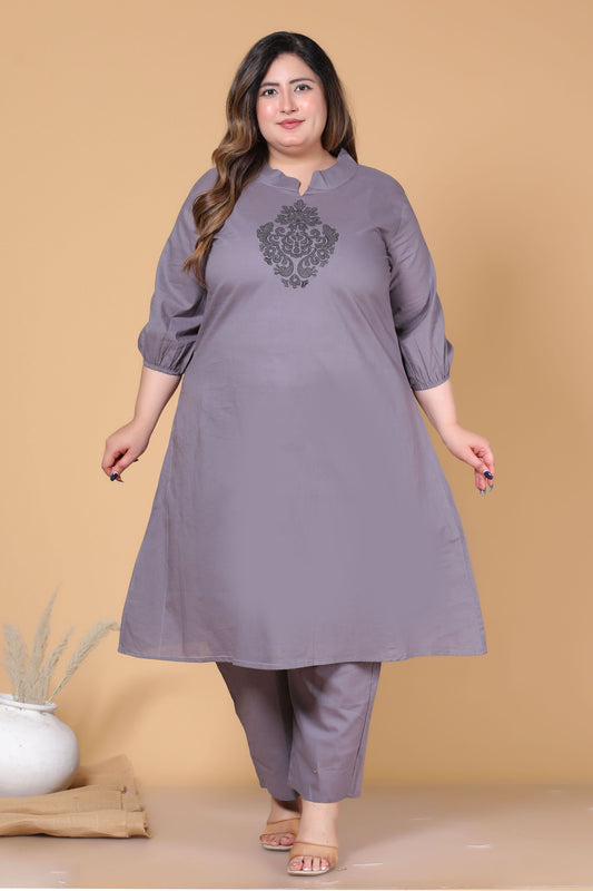 SOLID ALINE EMBROIDERY COTTON 2 PEICE KURTA PANT IN GREY BY PLUSSIZEKURTI